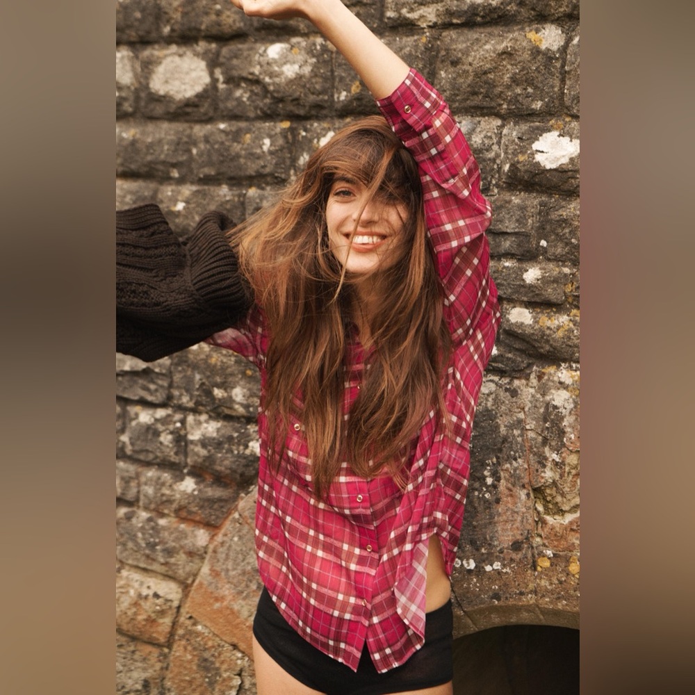 Zara Plaid Sheer Button Down Shirt